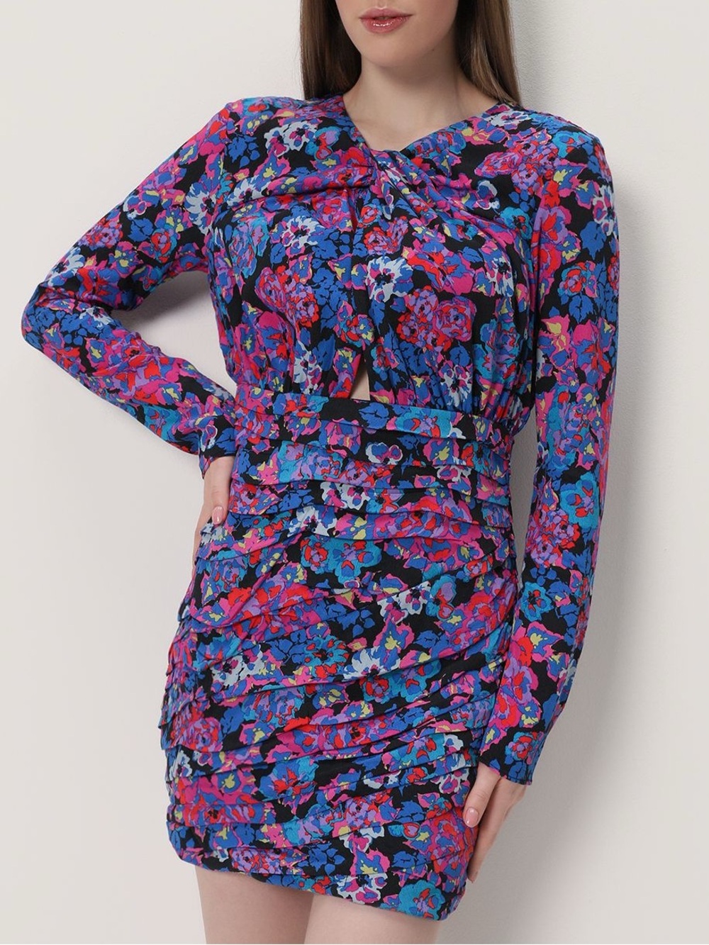 ZARA| Floral Purple Ruched Twist-Front Mini Dress Vibrant Watercolor Print Sz XS